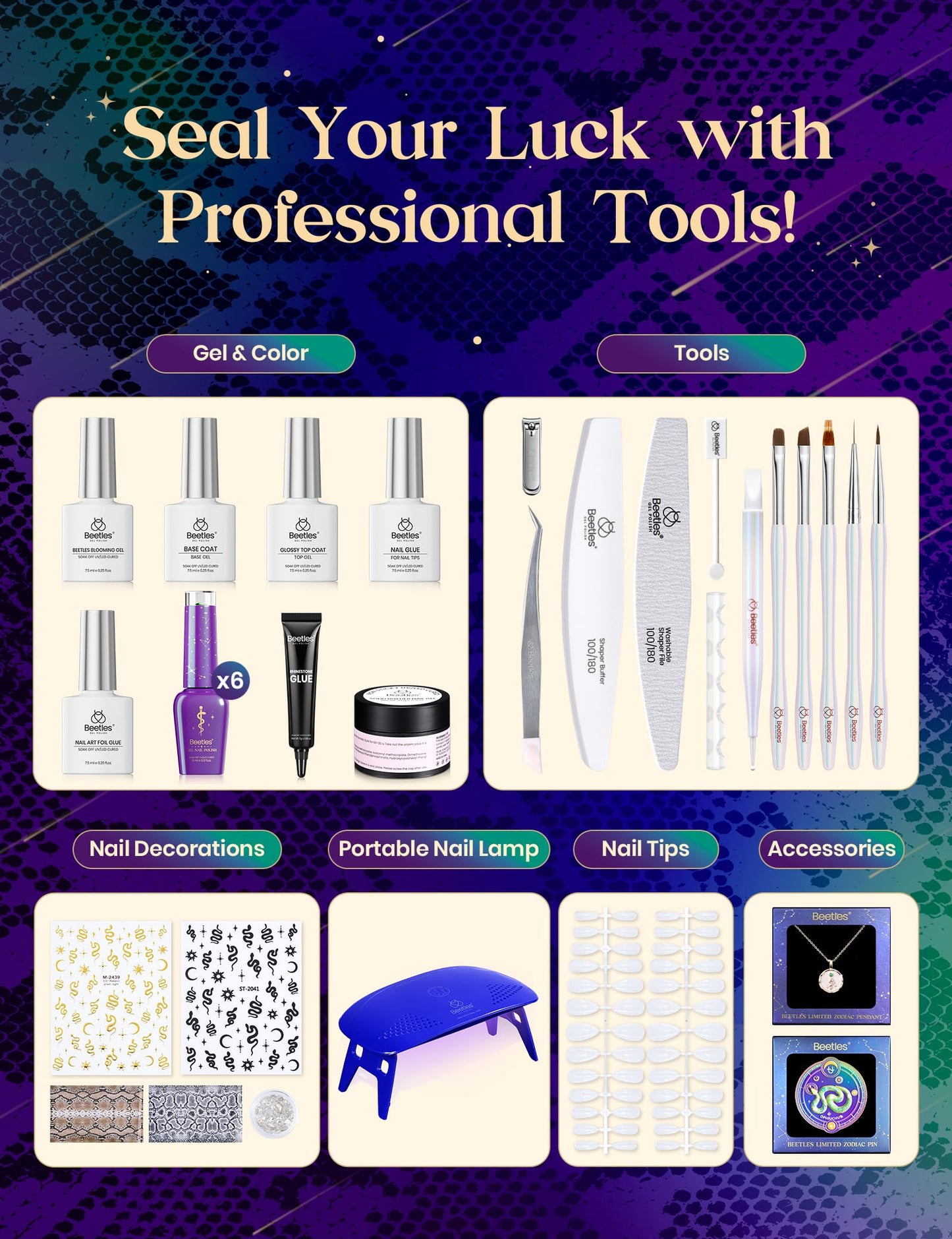 Beetles The Ophiuchus Sign Lucky Box, Ophiuchus Zodiac Gel Nail Polish Kit Nail Art Set Purple Green Gold Cat Eye Black White Gel Pink Jelly Base Top Coat Salon DIY Zodiac Gift for Women