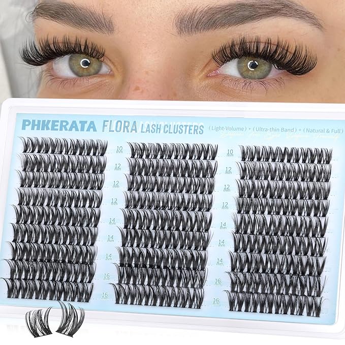 PHKERATA Flora Lash Clusters Wispy Eyelash Clusters 162pcs Natural Cluster Eyelash Extensions Ultra-thin Band Cluster Lashes C Curve Lash Extension DIY Soft Individual Lashes, 10-16mm
