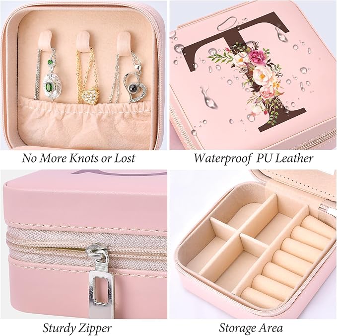 Mom Gifts for Women from Daughter Son, Travel Jewelry Case Box Organizer Personalized Gifts for Mom Wife Women, Gift for Friend Sister Grandma Aunt, Initial T
