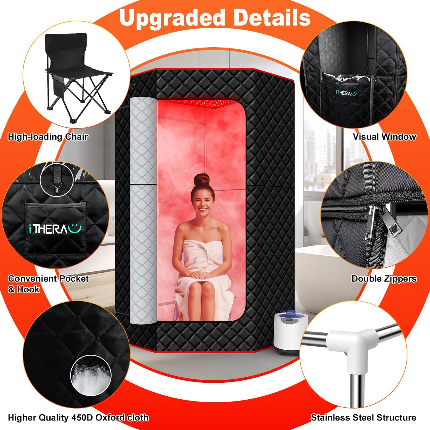 I-THERA-U XL Infrared Sauna Box with True 660 & 850nm Red Light Therapy Lamp, Portable Red Light Sauna for Home, Full Body Steam Tent with 3L 1200w Steamer, 15 Levels Heat, Chair, Remote