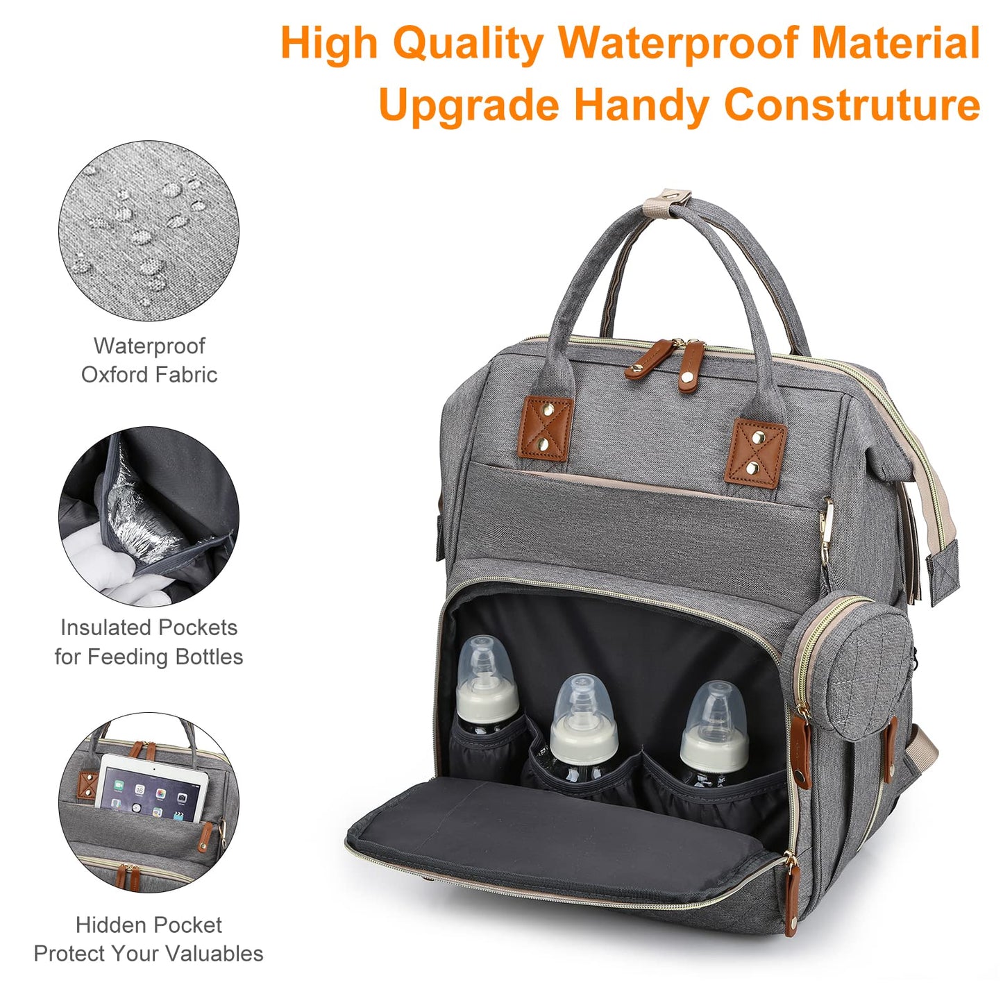 Lamroro Diaper Bag with Changing Station, Waterproof 3 in 1 Baby Diaper Backpack with Foldable Changing Pad, Large Travel Back Pack for Baby Girl Boy, Grey