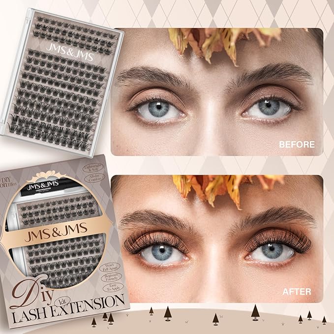 JMS&JMS DIY Lash Clusters Kit Fluffy Lash Extension Kit D Curl Eyelash Kit with Lash Bond and Seal, Lash Remover, Lash Tweezers at Home(JMS03-8-18mix)