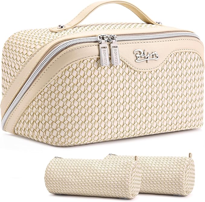 BOYATU Travel Makeup Bags for Women: Large Capacity Make up Bag with Wide Opening - 3 Pcs Set Waterproof Travel Toiletry Organizer for Full-Sized Bottles, Cosmetics & Brushes (Apricot-W)
