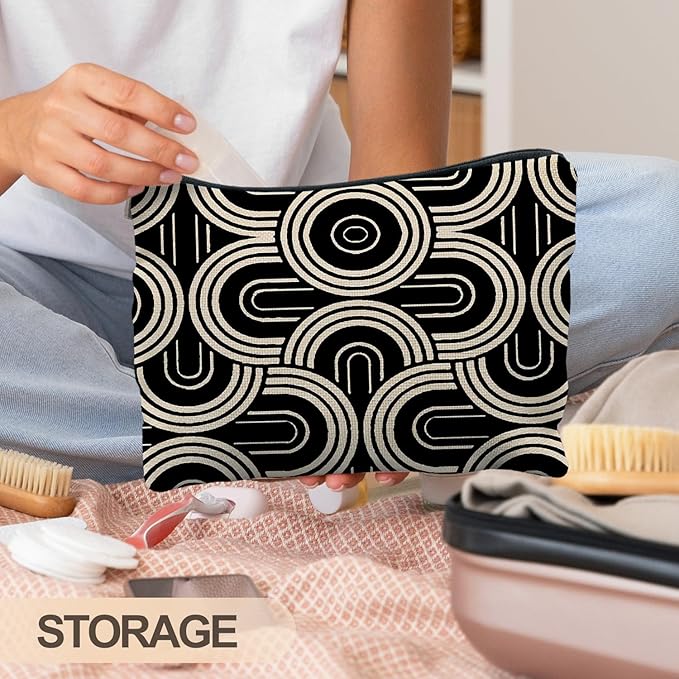 Abstract Beige and Black Makeup Bag, Modern Minimalist Art Deco Cosmetic Bags for Women, Mid Century Modern Zipper Makeup Pouch