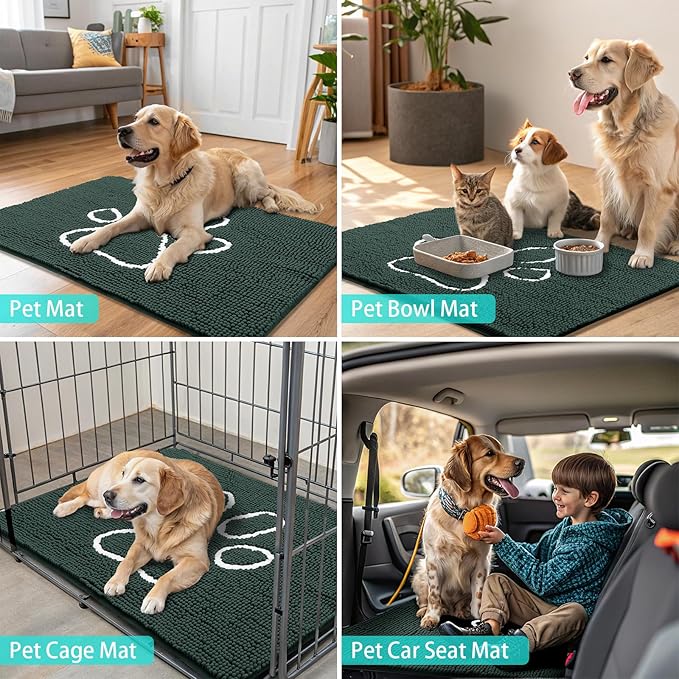 Smiry Dog Door Mat for Muddy Paws, Absorbent Dirt Trapper Non Slip Quick Dry Washable Chenille Mat for Mud Dogs, Entry Rug for Indoor and Outdoor (48x30 Inches, Green and White)