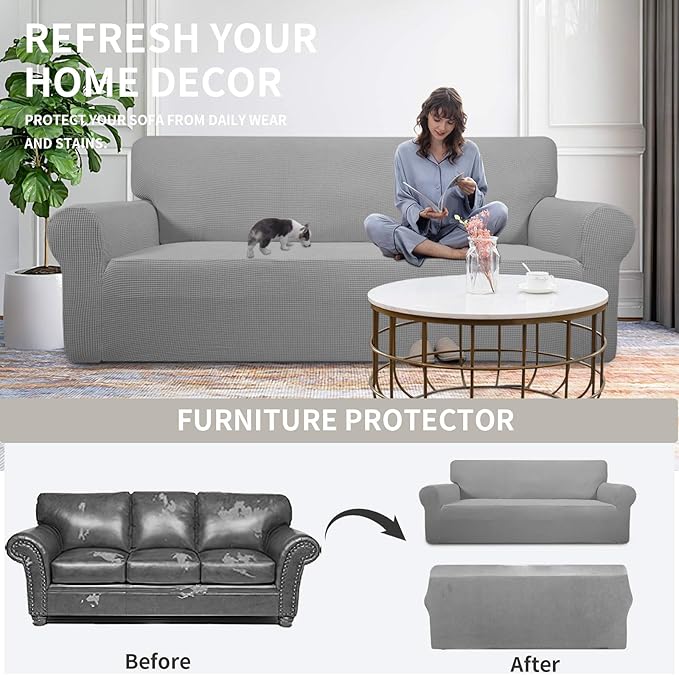 Easy-Going Stretch Oversized Loveseat Slipcover 1-Piece Sofa Cover Furniture Protector Couch Soft with Elastic Bottom for Kids Polyester Spandex Jacquard Fabric Small Checks Light Gray