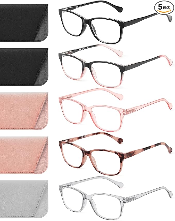JOLISU 5 Pack Reading Glasses for Women/Men - Fashion Blue Light Readers Computer Eyeglasses W/Spring Hinge&Case(2.0)