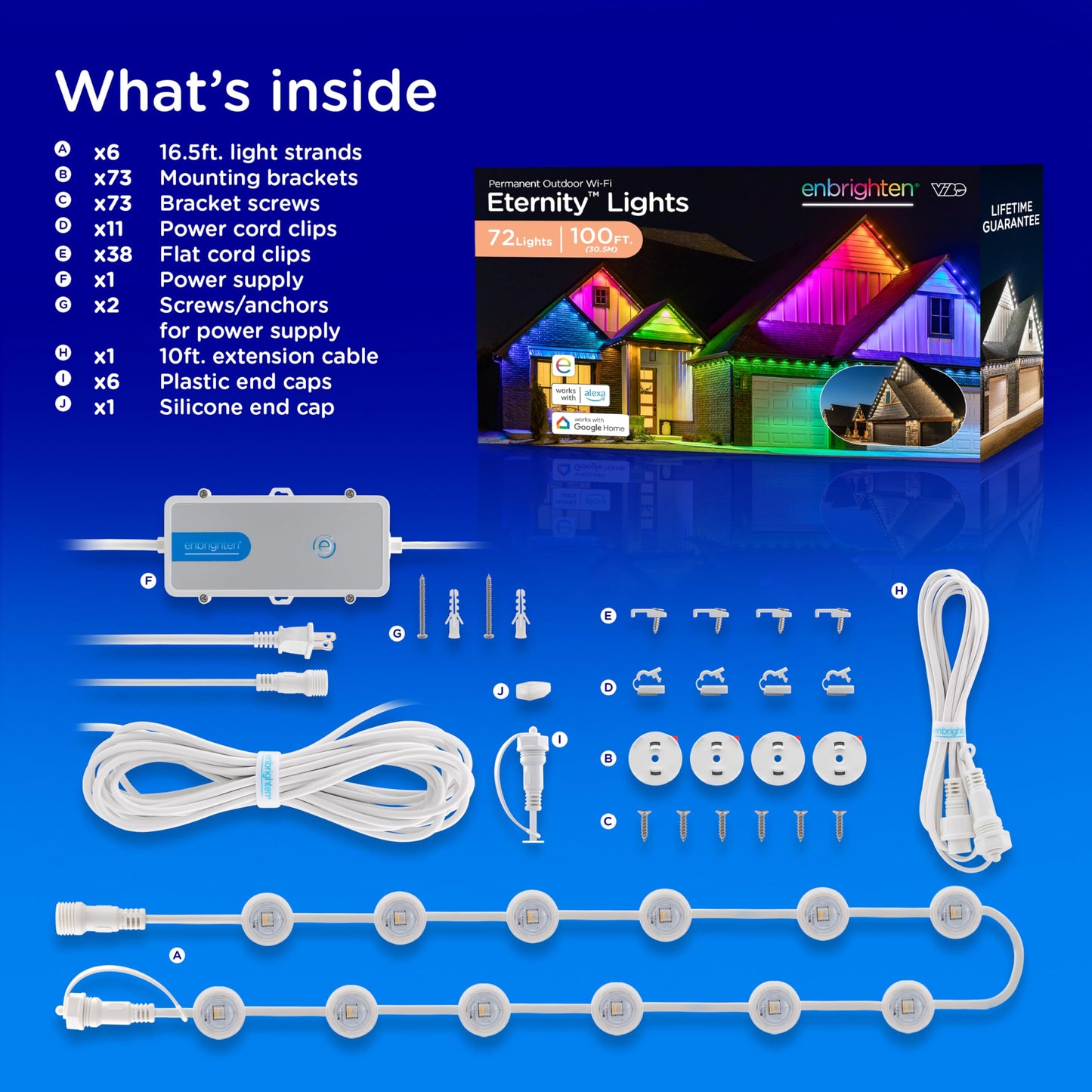 Enbrighten Vibe Eternity Permanent Outdoor Lights for House, 100 Feet, 72 RGBWIC LEDs, Close Spacing, 33lm, Color Changing, Christmas, Eave Lighting, Smart App, Works with Alexa, Google Home, 81103