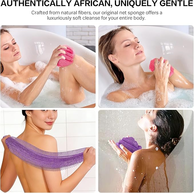 UJFQBH African Net Sponge Authentic 2-Pieces Exfoliating Body Scrubber for Shower & Bath, Deep Cleansing Lather for Dead Skin Removal, Back Scrubber for Women & Men (Pink 、Purple