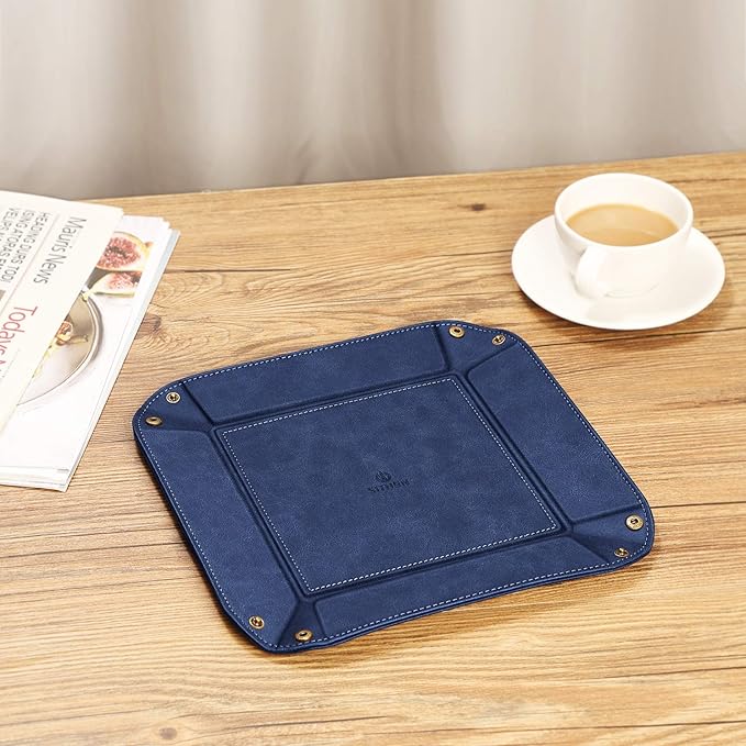 SITHON Valet Tray Desktop Storage Organizer Ã¢ÂÂ Premium PU Leather Catchall Bedside Vanity Tray Nightstand Caddy Holder for Keys, Phone, Wallet, Valentine's Day Gift, Dark Blue