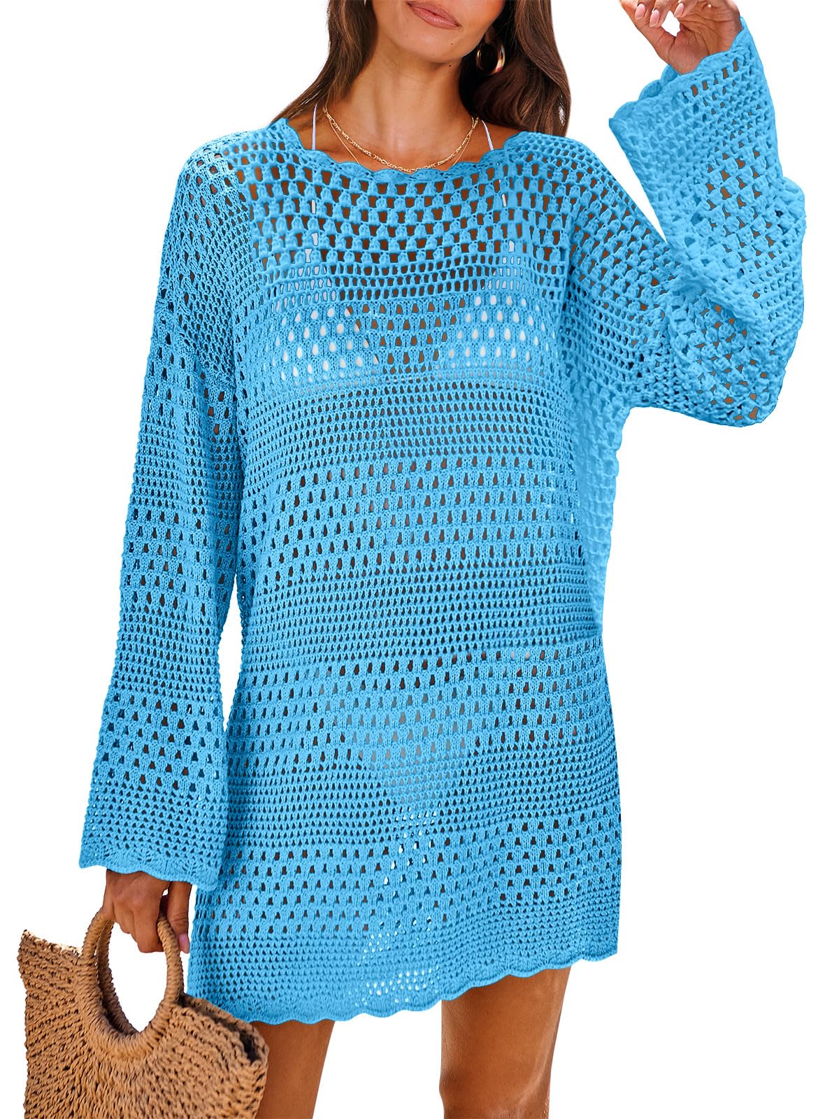 ANRABESS Women Swimsuit Crochet Swim Cover Up 2026 Summer Bathing Suit Swimwear Mesh Knit Beach Dress Vacation Outfits Blue Small