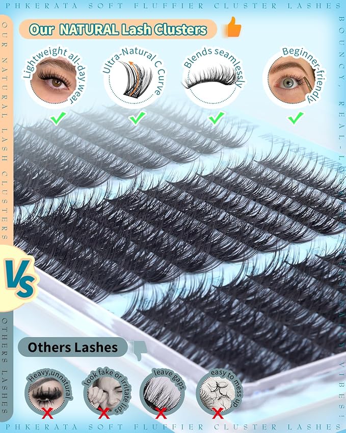 PHKERATA Wispy Lash Clusters Natural Eyelash Clusters Extensions C Curly Individual Lashes Clusters DIY Eyelash Extension with Wide Soft Thin Band,10-16MM,180Pcs