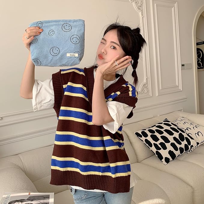 Cosmetic Bags for Women - Corduroy Cosmetic Bag Aesthetic Women Handbags Purses Smile Dots Makeup Organizer Storage Makeup Bag Girls Case Bags (A-Blue)