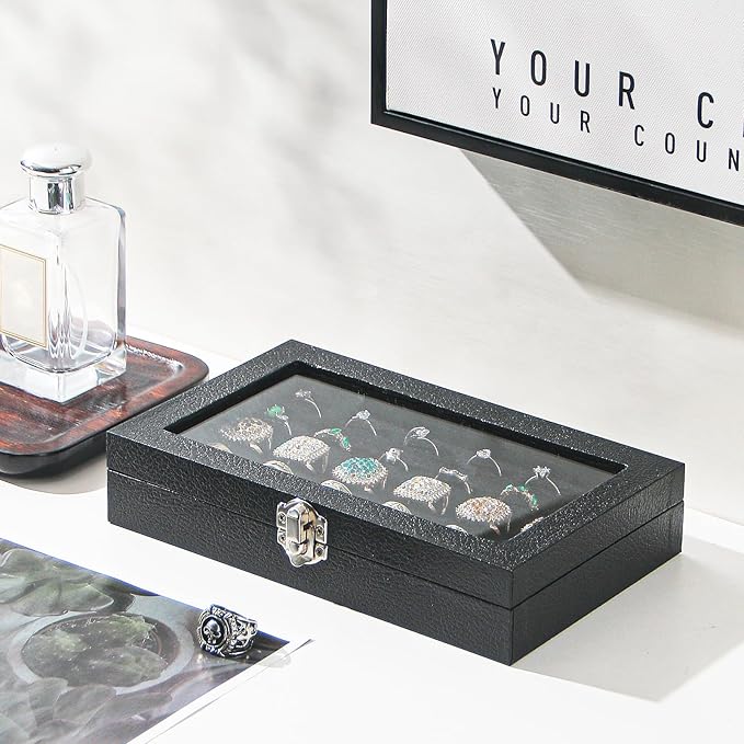 Ring Organizer Box for Jewelry,Rings Cufflinks Storage Case,Small Jewelry Box for Travel, Pretty Gifts for Girls,Black (30 Slots)
