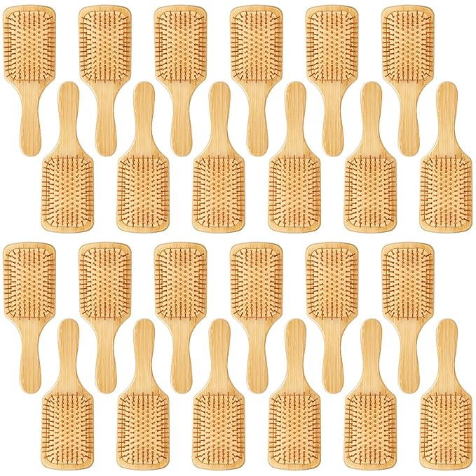 10 Pcs Bamboo Hair Brush, Bulk Round-tipped Bamboo Bristles Detangling Brush Paddle Lightweight Massage Anti Static for Women Men and Children, Stimulates Scalp for Hair Growth (Large, Count, 24)