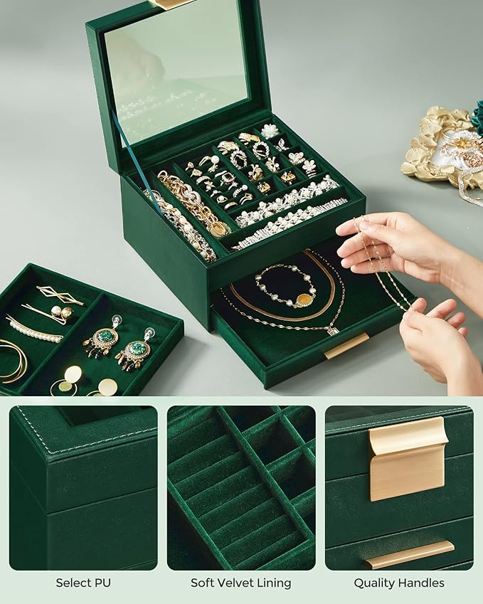 SONGMICS GISELLA Collection - Jewelry Box Organizer, 3-Layer Jewelry Storage with 2 Drawers, Shiny Metal Hardware, Glass Lid, Modern, 8 x 9.1 x 5.3 Inches, Forest Green and Gold Color UJBC239C01