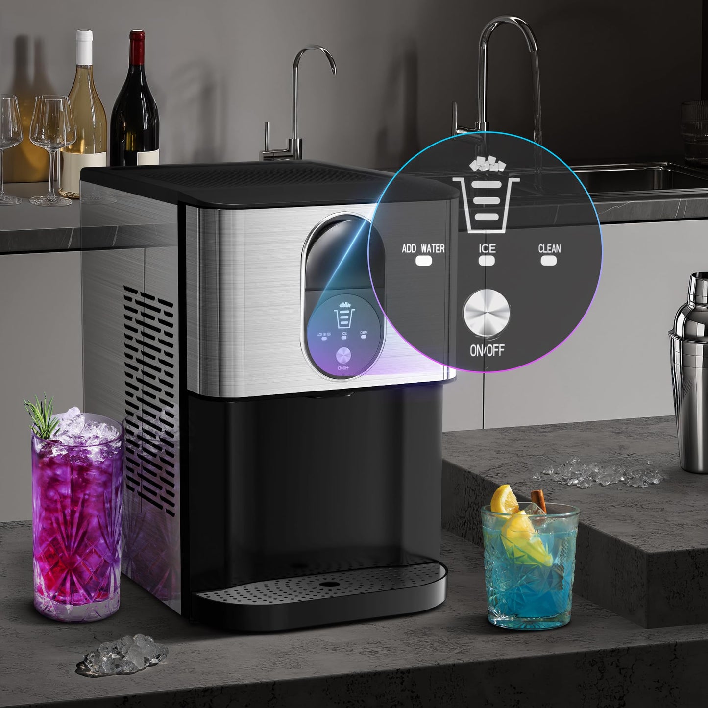 Kismile Countertop Nugget Ice Maker, 44lbs/24H Soft Chewable Pebble Ice Machine with Self-Cleaning and One-Click Operation, Compact Pellet Ice Maker for Home & Kitchen (Silver)
