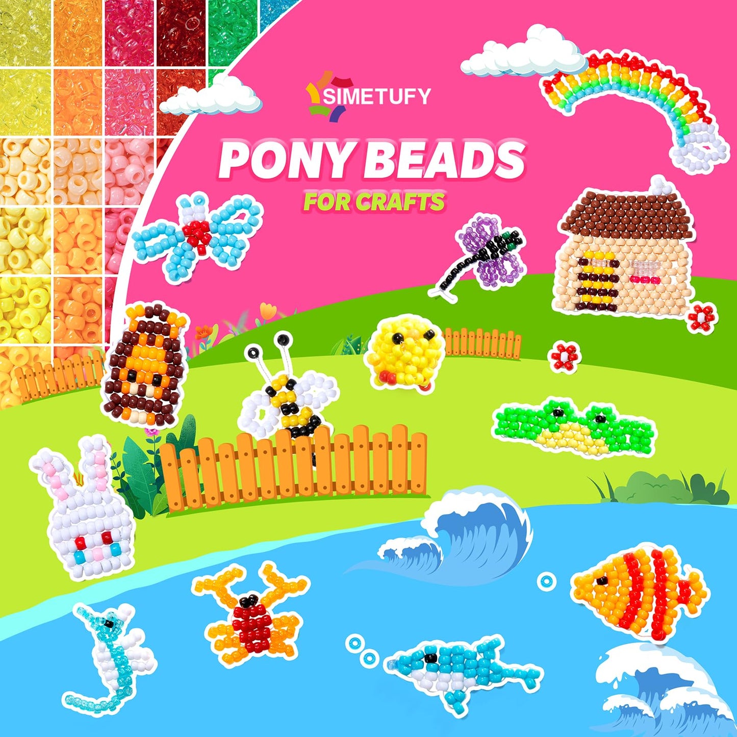 Simetufy 14000Pcs Pony Beads Bulk, 50 Colors 6x9MM Kandi Beads for Hair Braiding Bracelet Making Jewelry Key Chains DIY Crafts Christmas Gifts (8LB, Shock Resistant Package)