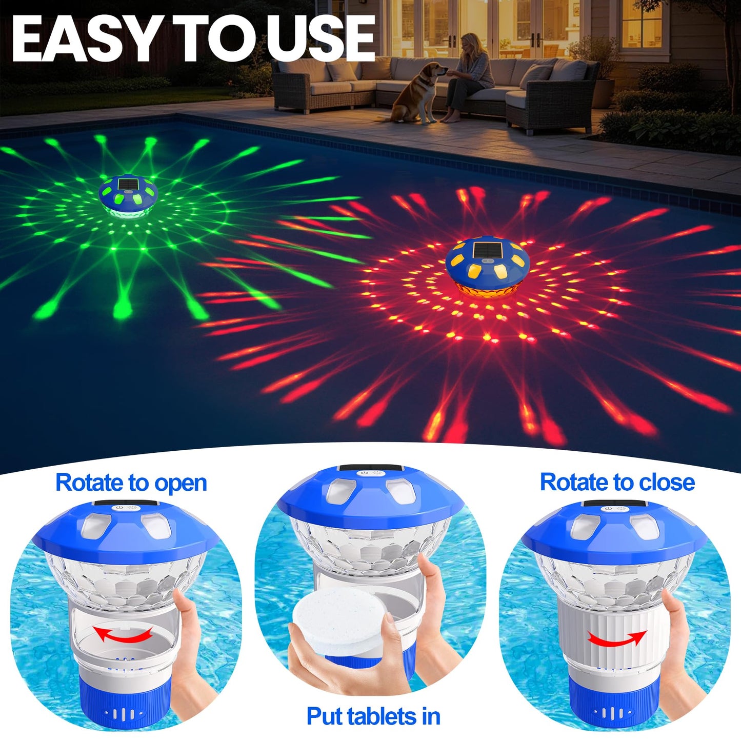 KingSom 2026 Upgraded Pool Chlorine Floater,Solar Chlorine Floater w/Lights,Button Control Chlorine Floater,Large Capacity Floating Chlorine Dispenser,Chlorine Floater w/Adjustable Release-Blue