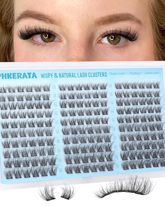 PHKERATA Wispy Lash Clusters Natural Eyelash Clusters 180Pcs Cluster Eyelash Extensions C Curled Cluster Lashes DIY Individual Lashes Soft Eye Lash Extension with Ultra-thin Band, 10-16MM
