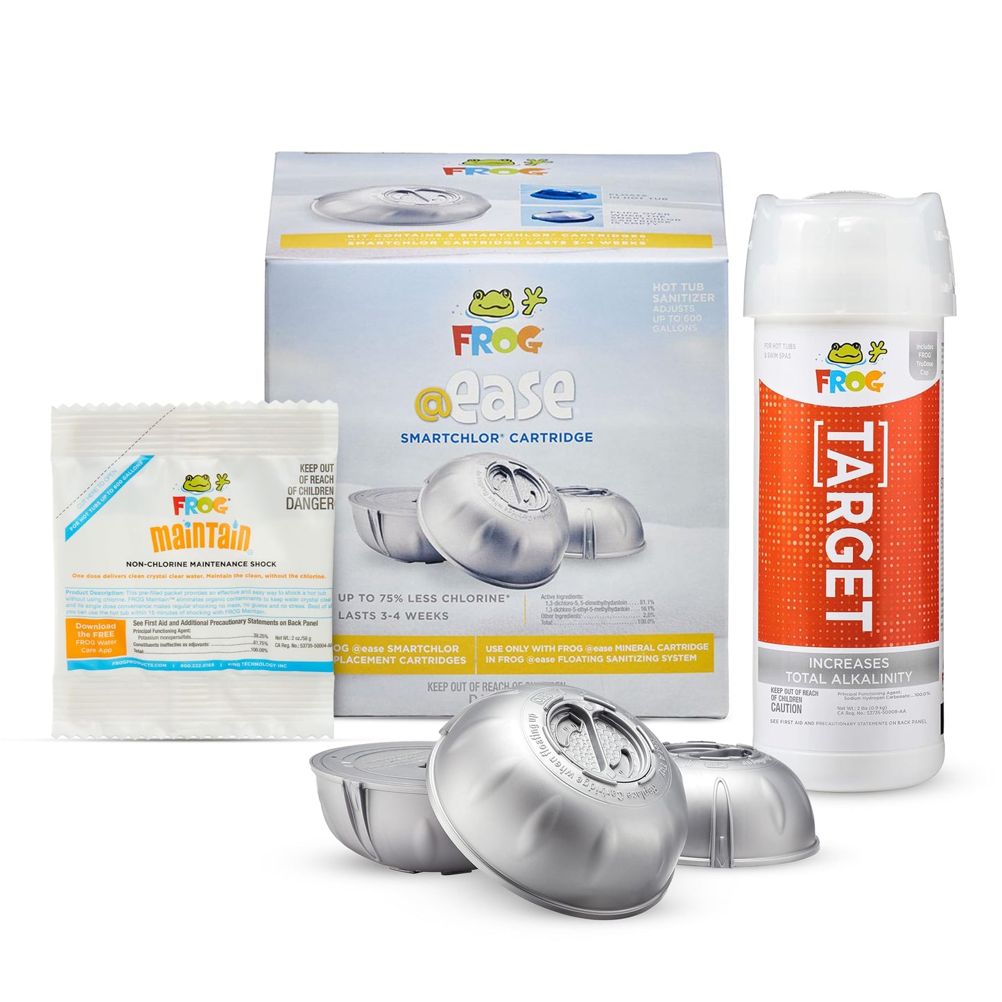 FROG @Ease Replacement SmartChlor Cartridge 3 Pack with Total Alkalinity Increaser & 1 Pack of Maintain for use with Hot Tub FROG @Ease Floating System