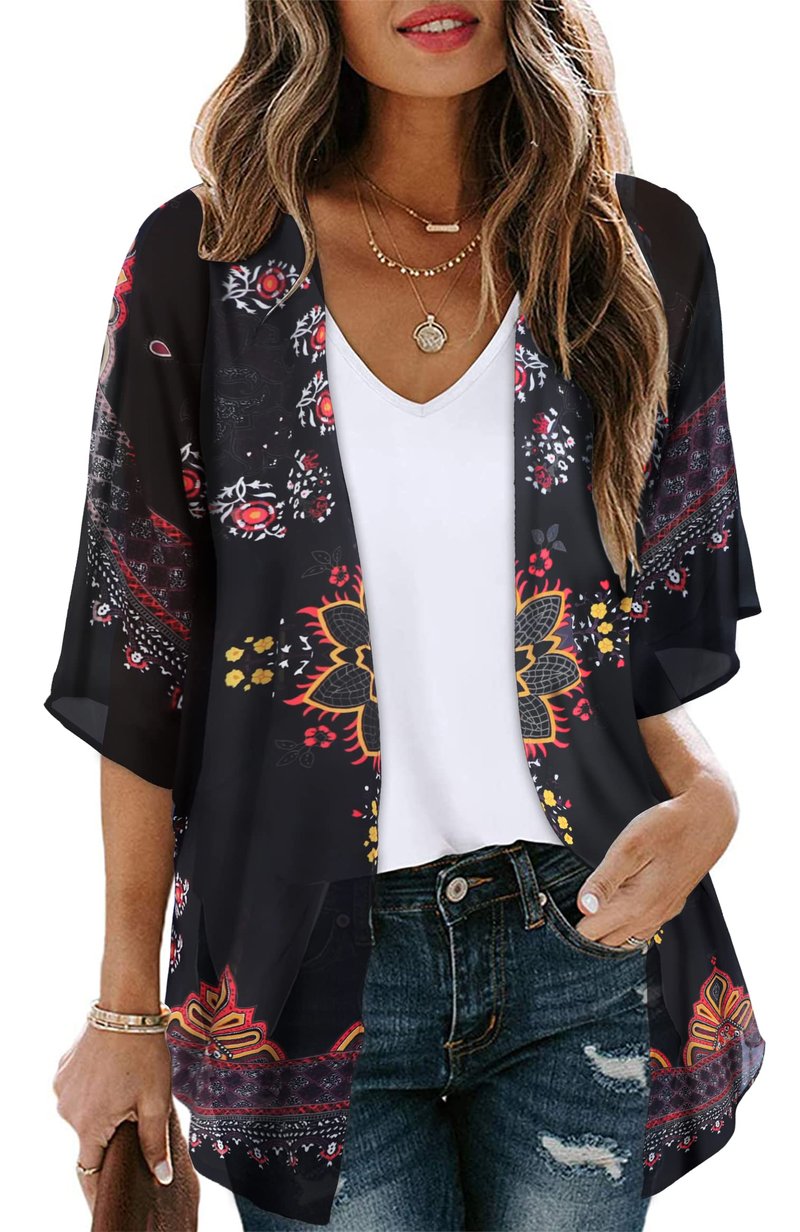 Womens Kimonos Beach Cover Up Chiffon Cardigan Floral Blouse Loose Fit Cape Top Summer Resortwear(Orange Black,3XL)