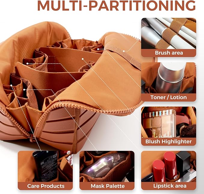 Travel Makeup Organizer Bag with Fold-Down Design and Adjustable Dividers, 27 Pockets & 3 Brush Storage Holders, Large Capacity Cosmetic Bags Toiletry Case - Brown