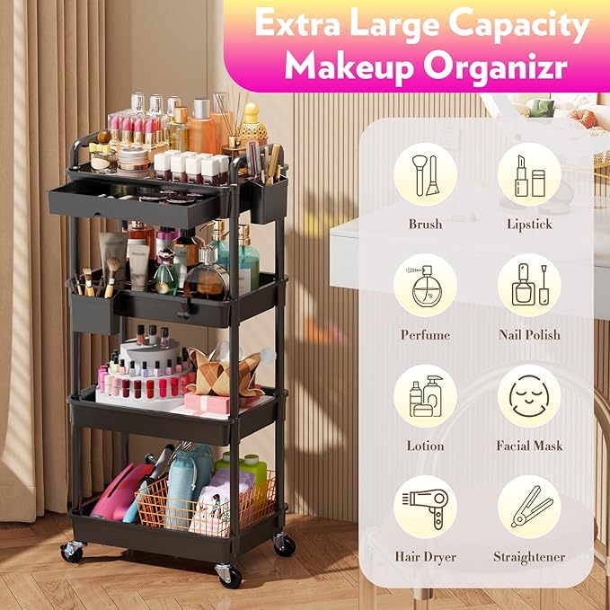 Makeup Cart Organizer with Drawers, 4 Tier Floor Skincare Organizers for Vanity, Rolling Makeup Bathroom Storage Cart Cosmetics Display Cases for Skin Care Perfume Nail Polish, Black