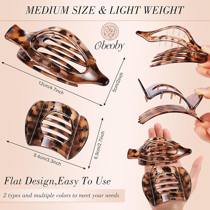 Obeoby 8 Pcs Flat Claw Clips for Women, 2 Types French Flat Hair Clips Hair Accessories Barrettes Large Medium (Tortoiseshell)