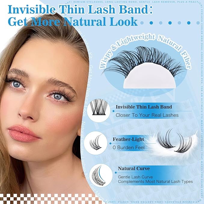 KEVKEV Wispy Lash Clusters Kit Ultra-thin Band Natural Eyelash Clusters 8-16mm Lash Extension Kit Mix Length Clear Band Natural Look Cluster Eyelash Extensions With Lash Bond Lash Tweezers (Wispy06)