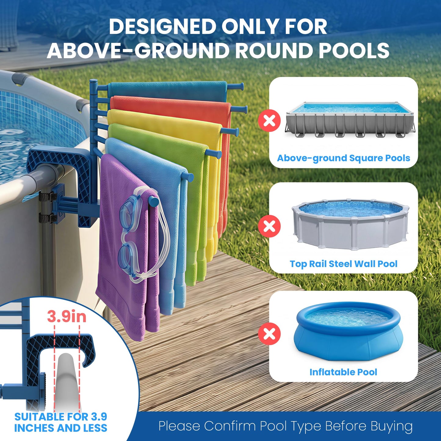 Aquajoyer Poolside Pool Towel Rack Outdoor for Above Ground Round Pools, Stainless Steel Swivel Pool Towel Holder 6 Bars Towel Dying Rack Towel Stand for Above Ground Pool Accessories [Patent Pending]