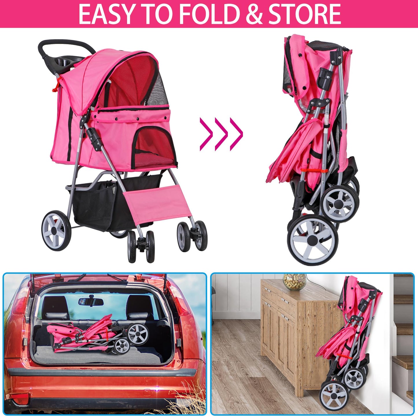 LEMY Foldable Pet Stroller,4 Wheels Cat/Dog Stroller with Weather Cover for Small/Medium Dogs and Cats,Pink Pet Strolling Cart with Storage Basket and Cup Holder