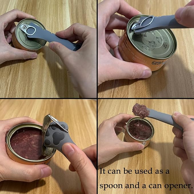 SJANE Cat Food Can Spoons & Can Lids | 4 Pcs | Multi-function Opener | Silicone Pet Food Covers | Stainless Steel Wet Food Spoon for Cats and Dogs(Grey)