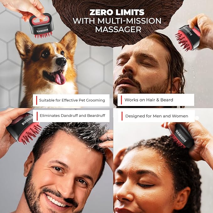 Bossman Titan Shower Scalp Massager – Scalp Exfoliator Brush – Ergonomic Silicone Scrubber for Product Build-Up, Dandruff & Pore Stimulation – Head & Beard Care Tool with Soft Bristles