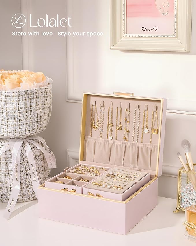 Lolalet Jewelry Box Organizer for Women Girls, 2 Layer Jewelry Organizers and Storage for Necklace Earrings Rings Bracelets, Large Jewellery Holder Case Birthday Valentine Gifts -Pink