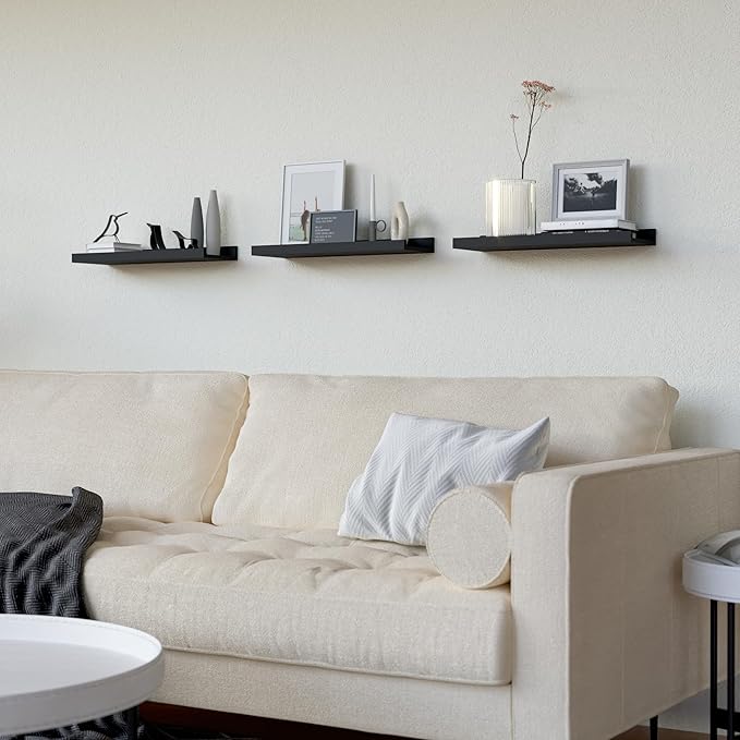 RICHER HOUSE 3 Set Floating Shelves for Wall, 16 inches Black Wall Mounted Shelves with Lip for Storage, Display Picture Ledge Shelf for Bedroom Bathroom Kitchen Living Room Decor, Modern Black