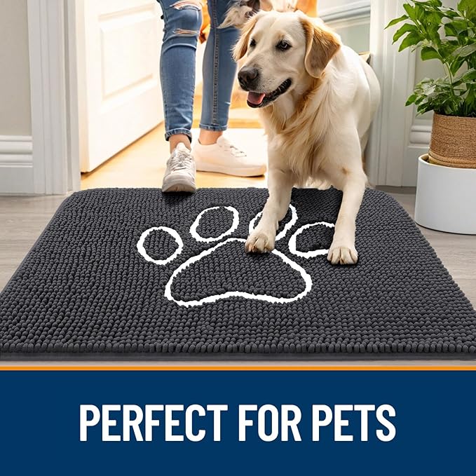 OLANLY Dog Door Mat for Muddy Paws 54x24, Paw Print Design, Absorbs Moisture and Dirt, Absorbent Non-Slip Washable Doormat, Quick Dry Chenille Mud Mat for Dogs, Entry Indoor Entryway Carpet, Dark Grey