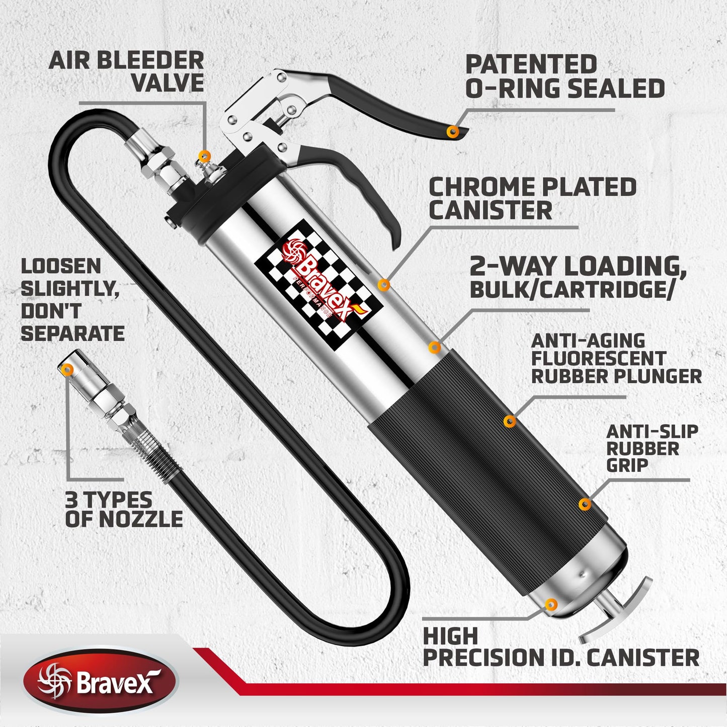 Bravex Heavy Duty Professional Pistol Grip Grease Gun 6000 PSI - 18 inch Flex Hose …