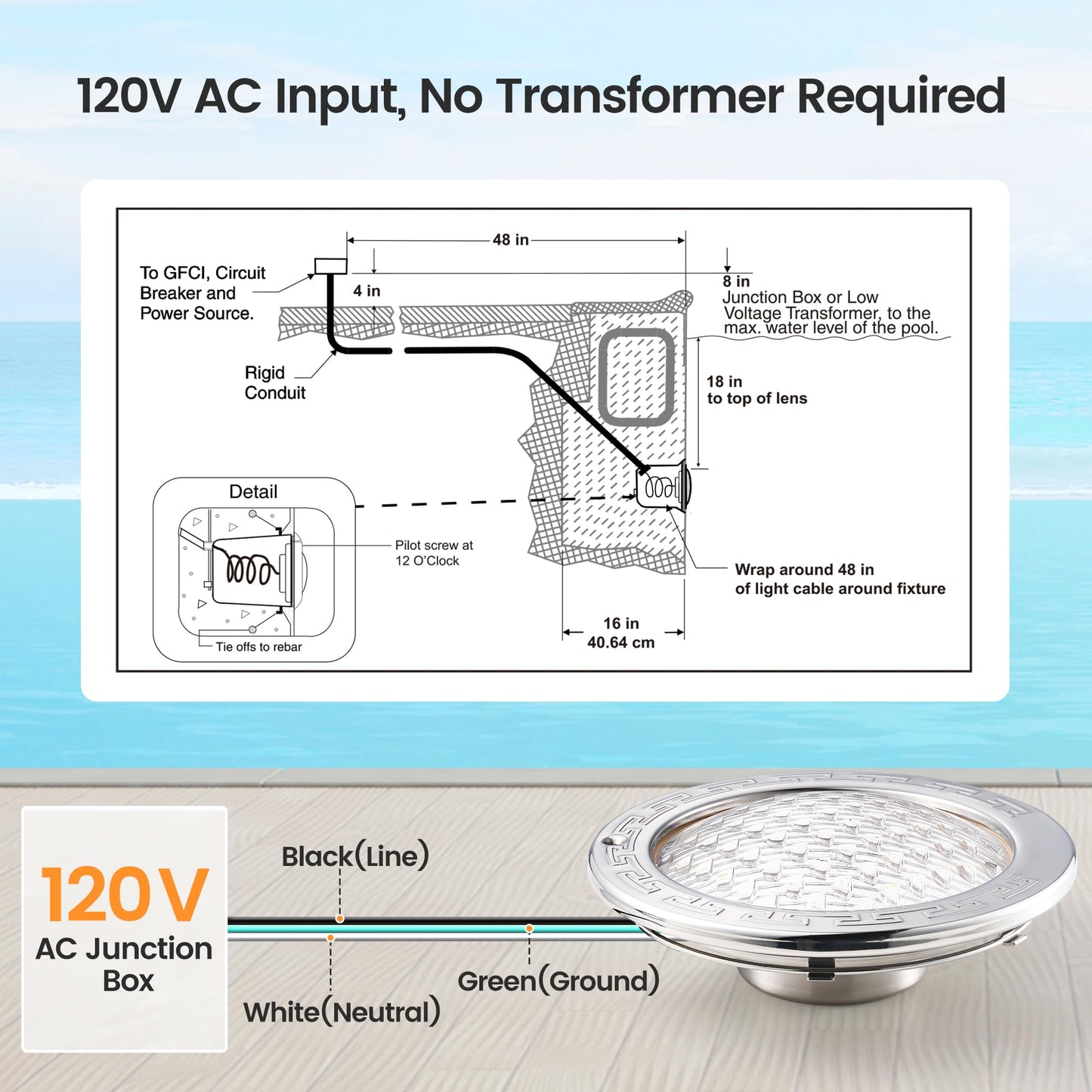 SURAIELEC Pool Lights for Inground Pool, 10 Inch 120V LED Underwater Light, 35W (300W Equivalent), 4000LM, Cool White 6000K, Fits 10" Large Wet Niches, Stainless Steel Housing, 50FT Cord