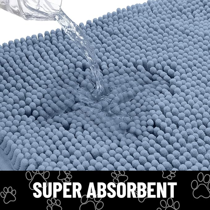 Smiry Dog Door Mat for Muddy Paws, Absorbent Dirt Trapper Non Slip Quick Dry Washable Chenille Mat for Mud Dogs, Entry Rug for Indoor and Outdoor (36x24 Inches, Airy Blue and White)
