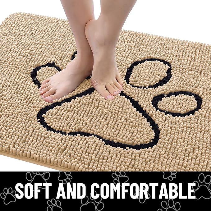 Smiry Dog Door Mat for Muddy Paws, Absorbent Dirt Trapper Non Slip Quick Dry Washable Chenille Mat for Mud Dogs, Entry Rug for Indoor and Outdoor (48x30 Inches, Beige and Black)
