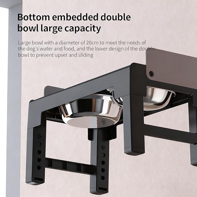 PAKEWAY Elevated Dog Bowls, Spill Proof, Tiltable Pet Feeder with 1 Stainless Steel Bowl &1 Stainless Steel Slow Feeder Bowl, 6 Height Adjustable Raised Dog Bowls Stand for Medium Large Dogs