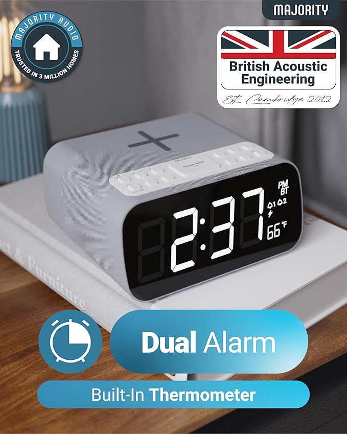 Majority Bluetooth Alarm Clocks with Wireless Charging | Bedside Clock for Bedroom with 10W Power FM Radio | Large Screen Display, Loud Alarm for Heavy Sleepers, and Display Backlit Dimmable Darwin
