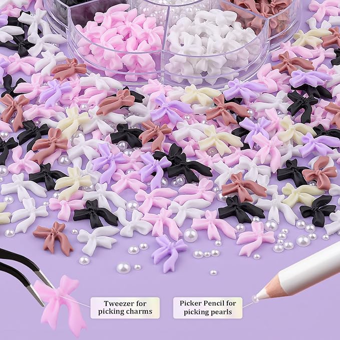 120 Pcs 3D Nail Bow Charms + 2-4mm Nail Pearls Set 6, 6 Colors Cute Bow Charms and White Flatback Pearls with Nail Charm Glue Gel(UV Needed) and Pickup Tools for Nail Art Decoration