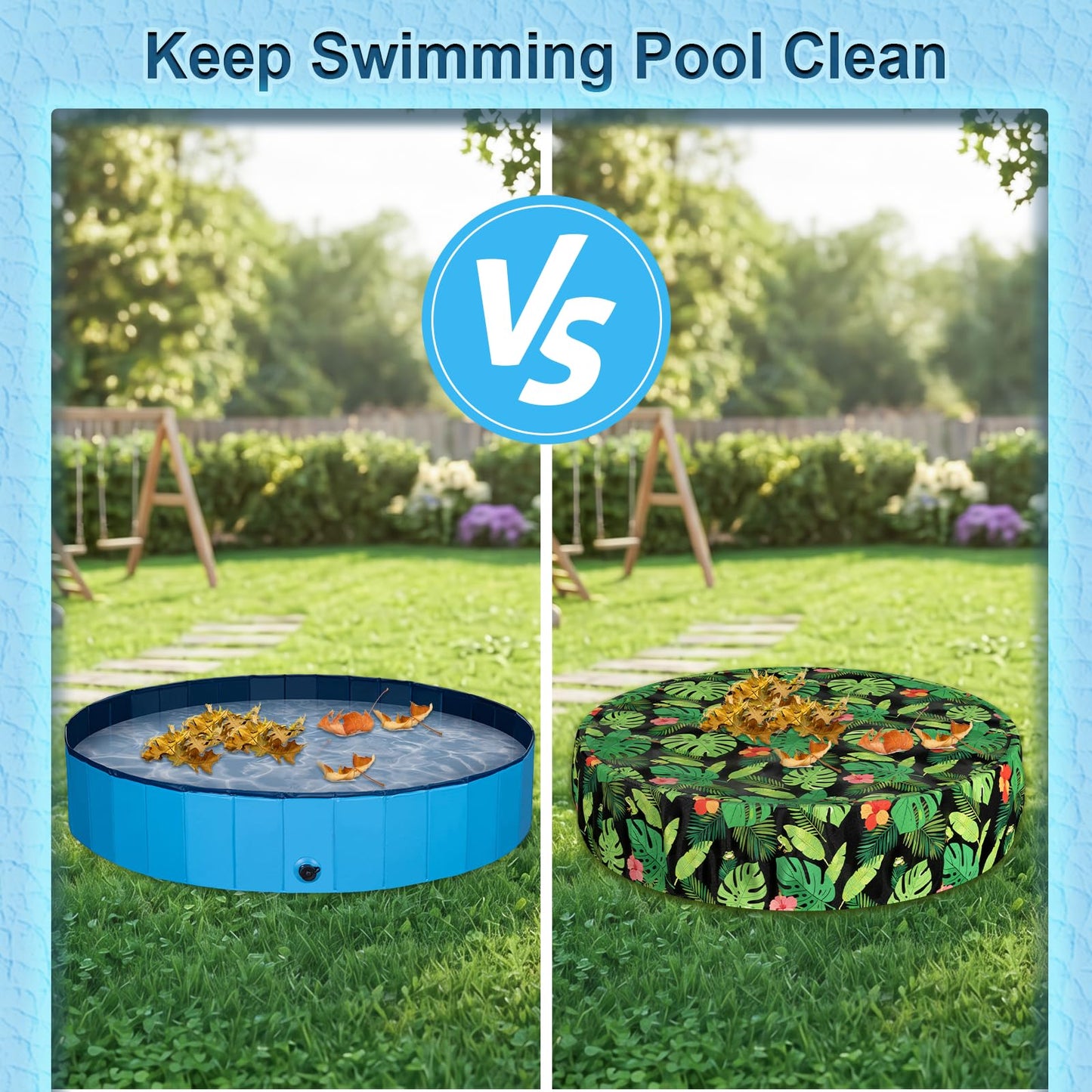 Docuwee Round Pool Cover 48", Foldable Kiddie Solar Cover Fit Dog Collapsible Swimming Pool, Pets Kids Bath Tub, Anti-UV Dustproof Safety Pool Covers, Monstera Deliciosa