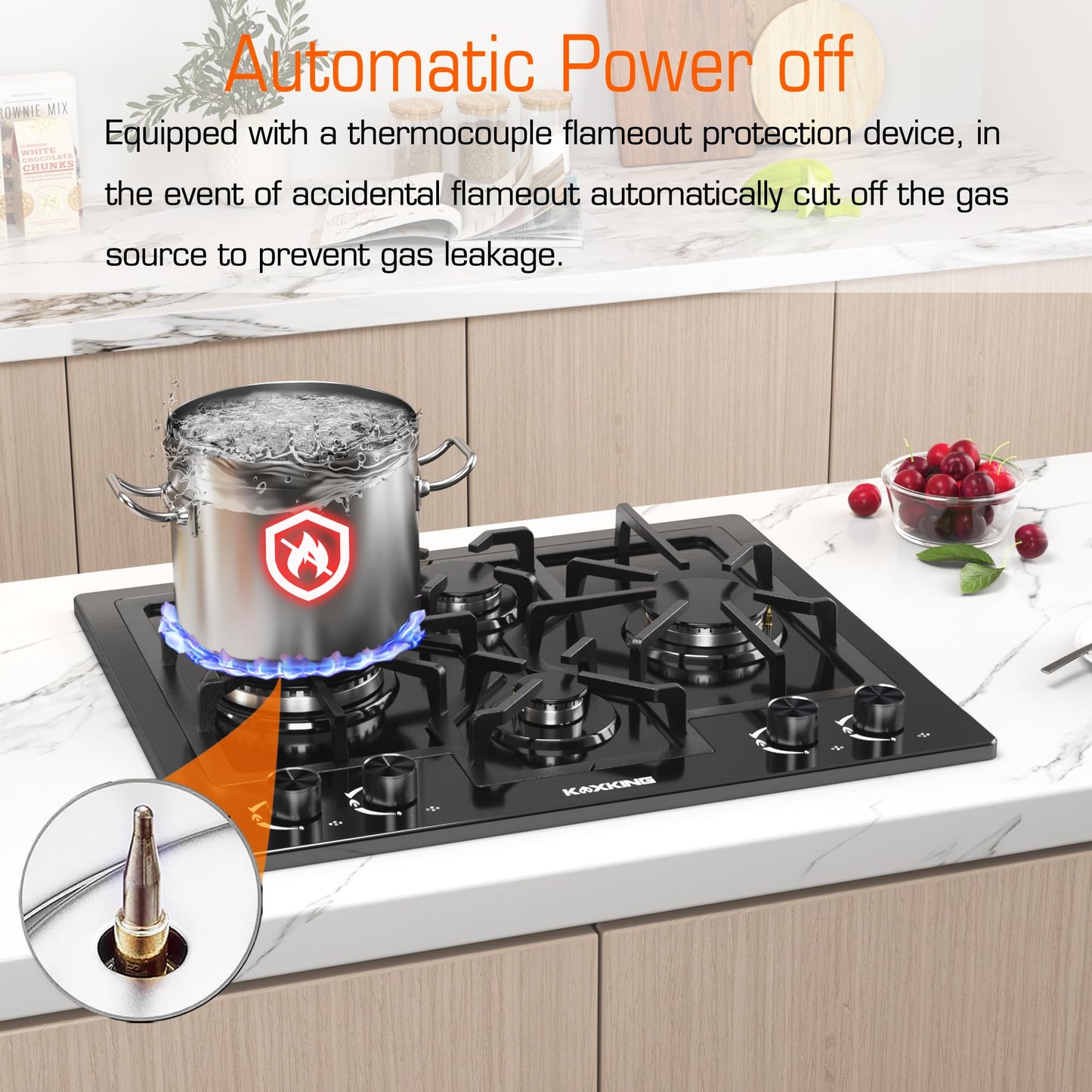 Black 24 Inch Gas Cooktop - Built-in Dual Fuel Natural Gas & Propane Stove - 4 Burner Convertible Cooktop with Thermocouple Protection
