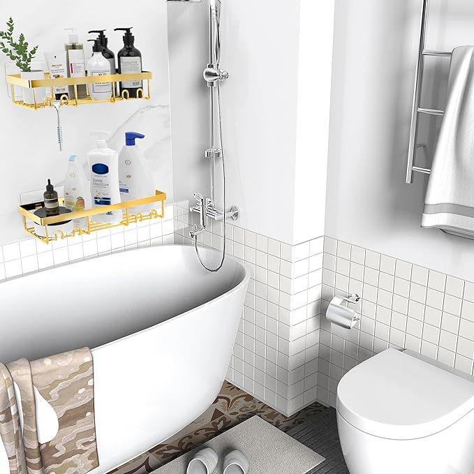 Moforoco Shower Caddy Shelf Organizer Rack, Self Adhesive Black Bathroom Shelves Basket, Home Farmhouse Wall Inside Organization and Storage Decor Rv Accessories, First Camper Apartment Essentials