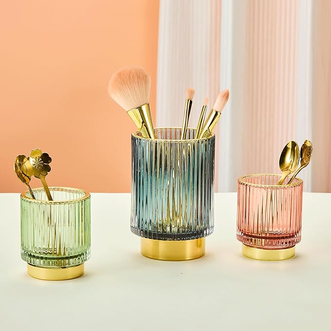 Makeup Brush Organizer, Toothbrush Holder, Desk Pen Pencil Holder, Multifunctional Vintage Glass Brush Cup (S/Green/A3-11-US)