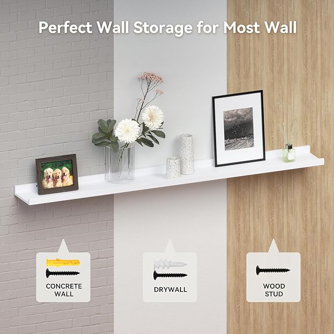 RICHER HOUSE 3 Set White Floating Shelves, 16 inches Wall Mounted White Shelves for Wall Decor, Picture Ledge Shelf with Lip for Storage Nursery, Bedroom, Living Room, Bathroom - White