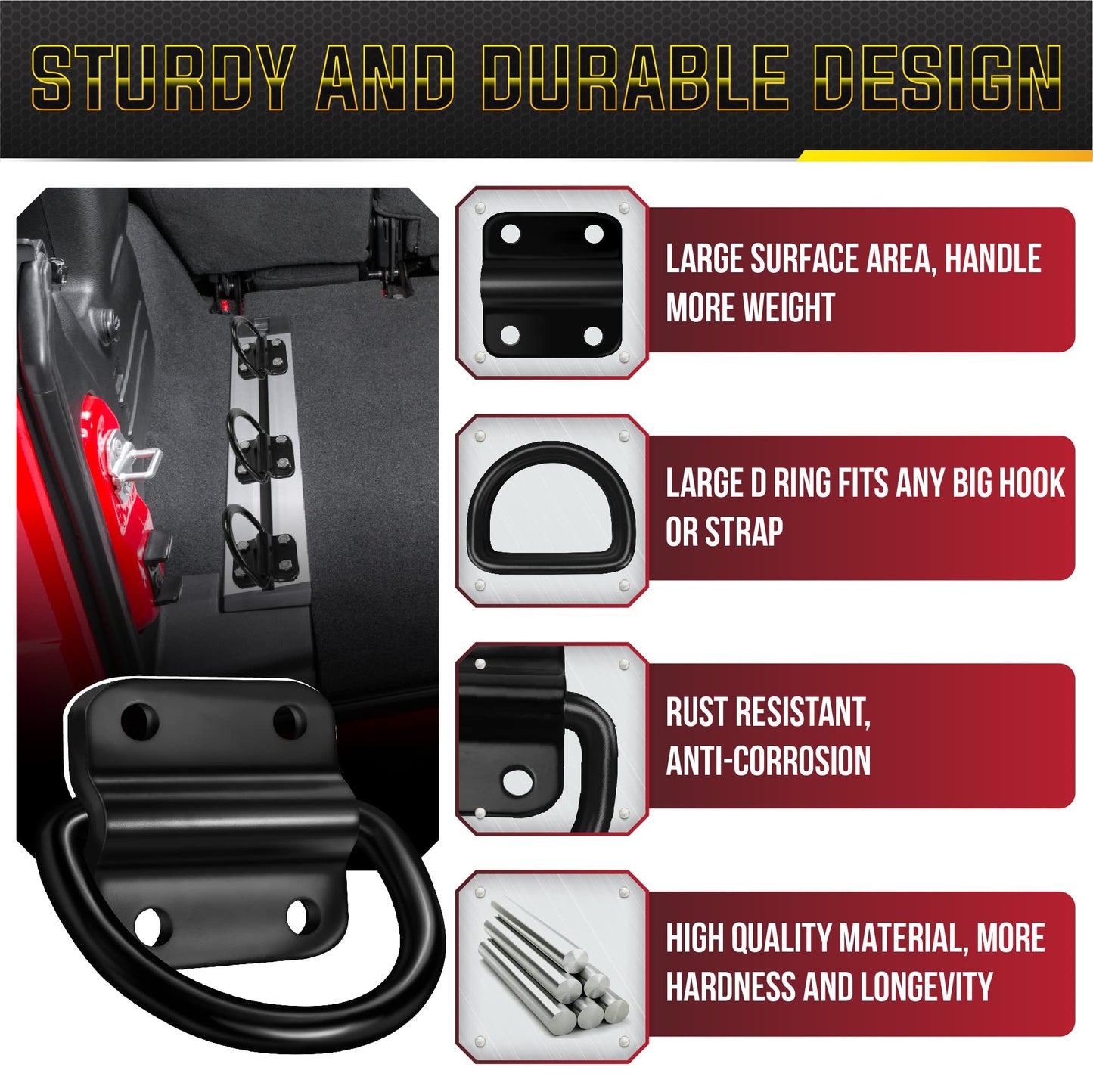 PAMAZY 4PCS Heavy Duty Steel D Rings Tie Down Anchors, Ultra Durable 3500 Pound Breaking Strength Surface Mount Hooks Securing Cargo for Trailer, Truck Bed, with Screws & Bolts